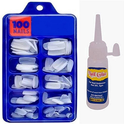 twirey Artificial Nails Set With Glue Acrylic Face Nails Set Of 100 Pcs and Artificial Nail Glue White(Pack of 100)