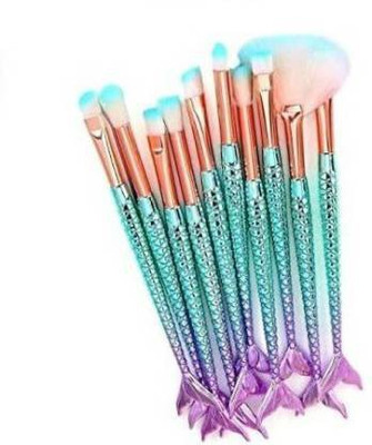 RHV Mermaid Pro Makeup Brushes Set Foundation Blending Powder Eyeshadow Concealer Fish Fail Blush Cosmetics Rainbow Make Up Tools Kits(Pack of 10)