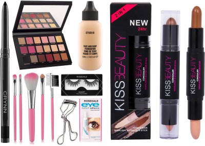 Crynn Smudge Proof Rosedale Kajal & Rose Gold & Desert Dusk Remastered Velvet Eyeshadow Palette & Professional 5 Makeup Brush & Studio Fit Focus Foundation & False Eyelash Pair , Glue Curler & Kiss Beauty Highlighter & Contour Stick(12 Items in the set)