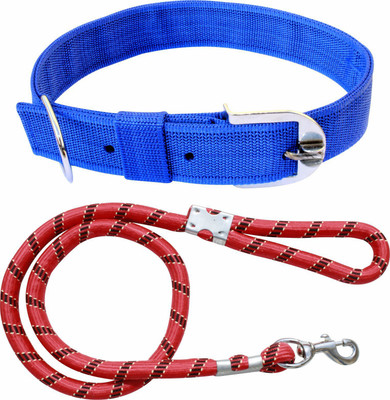ADIOS Dog Belt Combo of 1.5 inch Blue Dog Collar with Red Lead Specially for Large Dog Collar & Leash(Large, Blue, Red)