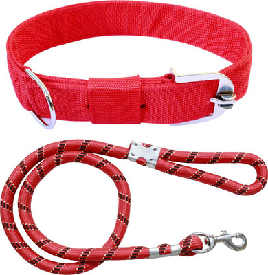 ADIOS Dog Belt Combo of 1.5 inch Red Dog Collar with Red Lead Specially for Large Dog Collar & Leash(Large, Red)