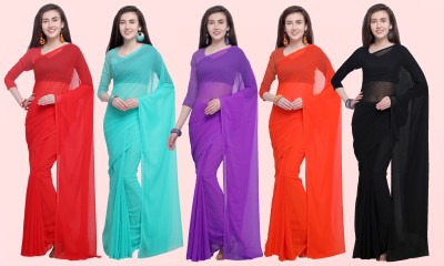 kashvi sarees Solid/Plain Daily Wear Georgette Saree(Pack of 5, Black, Orange)