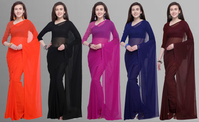 Anand Sarees Solid/Plain Daily Wear Georgette Saree(Pack of 5, Multicolor)