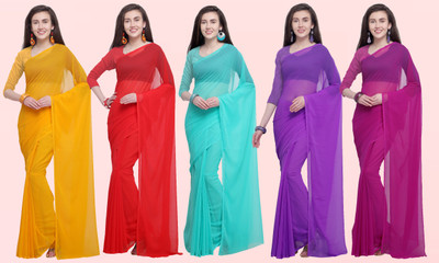 kashvi sarees Solid/Plain Daily Wear Georgette Saree(Pack of 5, Multicolor)