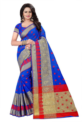 Cartyshop Woven Kanjivaram Cotton Blend, Art Silk Saree(Blue)