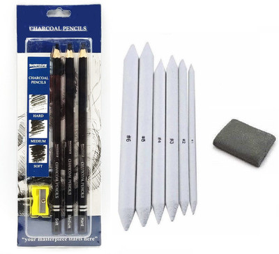 Definite Black Charcoal Pencils - Hard, Medium and Soft with Sharpener; White Paper Art Blending Stumps and Kneadable Eraser for Graphite & Charcoal Pencils (Pack of 3 Black Charcoal Pencils, 6 Paper Stumps and 1 Kneadable Eraser)