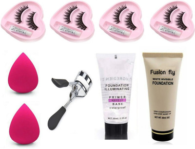 FUSION FLY 5 PAIR HEART EYE LASH WITH GLUE & EYE LASH CURLER & SPONGE PUFF BEAUTY BLENDER & BRIGHTING MAKE UP BASE PRIMER TUBE WITH MATTE LIQUID FOUNDATION(9 Items in the set)