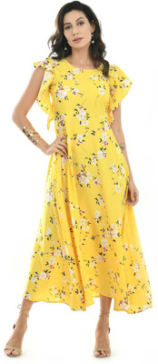 hug nation Women Fit and Flare Yellow Midi/Calf Length Dress