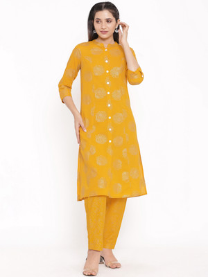 FabbibaPrints Women Printed Straight Kurta(Yellow)
