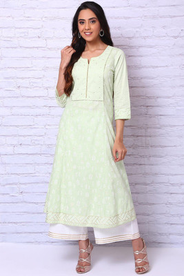 RANGRITI Women Printed A-line Kurta(Green)