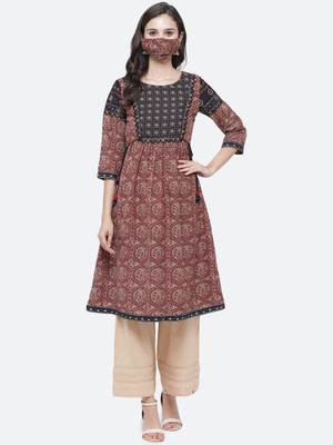 BIBA Women Printed A-line Kurta(Brown)