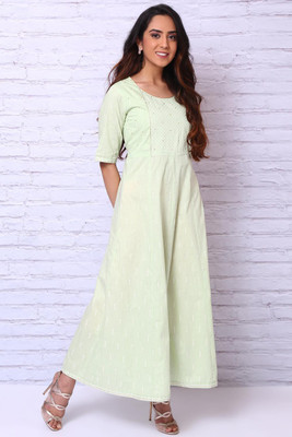 RANGRITI Women Printed Flared Kurta(Green)