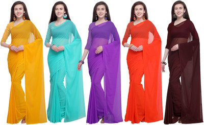 Anand Sarees Solid/Plain Daily Wear Georgette Saree(Pack of 5, Multicolor)