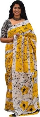 Kiaaron Printed Hand Batik Pure Cotton Saree(Yellow)