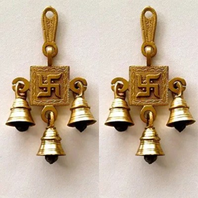 Craftomanic Brass Swastik Hanging Bells (Pack of 2 ,Size - 3.2 x 6 inch) Decorative Showpiece  -  15 cm(Brass, Gold, Black)