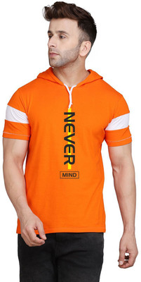SLOWLORIS Typography Men Hooded Neck White, Orange T-Shirt