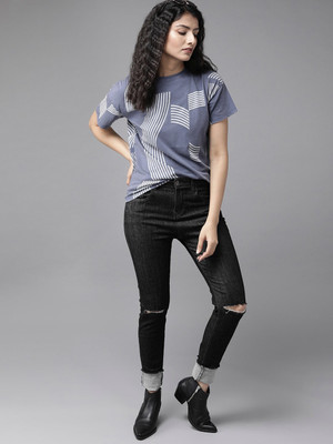Roadster Printed Women Round Neck Blue T-Shirt