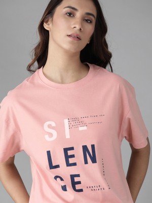 Roadster Printed Women Round Neck Pink T-Shirt