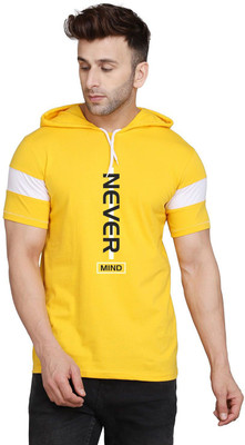 SLOWLORIS Typography Men Hooded Neck White, Yellow T-Shirt
