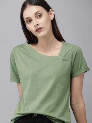 Roadster Solid Women V Neck Dark Green T-Shirt