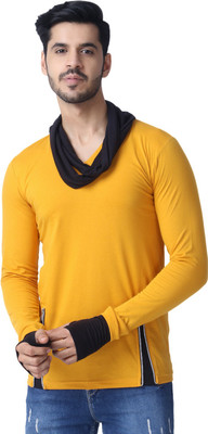 Black Collection Solid Men Cowl Neck Yellow T-Shirt