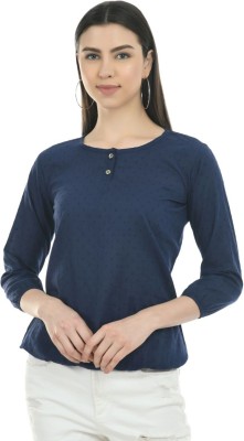 SAAKAA Casual 3/4 Sleeve Solid Women Blue Top