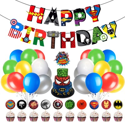 ZYOZI Birthday Party Supplies Set for Kids, Superhero Decoration Avengers Theme Decorations Kits Include Birthday Banner, Balloons, Cupcake Toppers,and Cake Topper (Pack of 37)