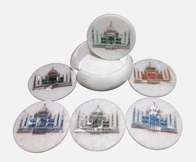 Qadri Handicrafts Round Marble Coaster Set(Pack of 6)