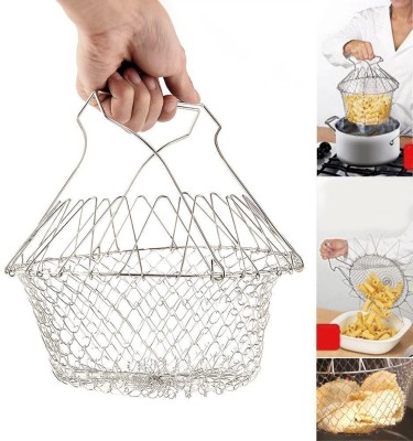 Porquepine 12 in 1 Chef Basket Stainless Steel Foldable Steam Rinse Strain Fry Basket Strainer Net Kitchen Cooking Tool for Fried Food Collapsible Deep Frying Basket (Steel Pack of 1) Collapsible Deep Frying Basket(Steel Pack of 1)