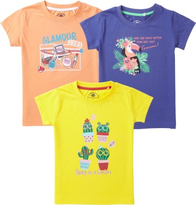 Cub McPaws Girls Printed Pure Cotton T Shirt(Multicolor, Pack of 3)
