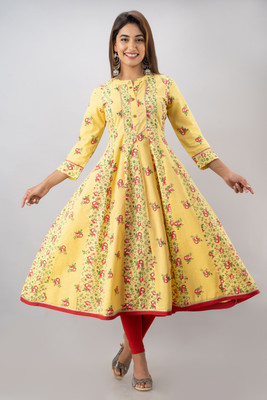 Myaza Women Floral Print Anarkali Kurta(Yellow)