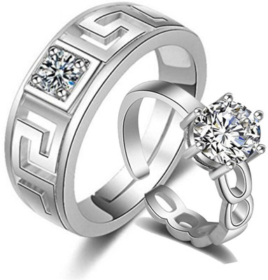 MYKI King & Queen Love Forever Adjustable Silver Couple Rings Stainless Steel Cubic Zirconia Silver Plated Ring Set