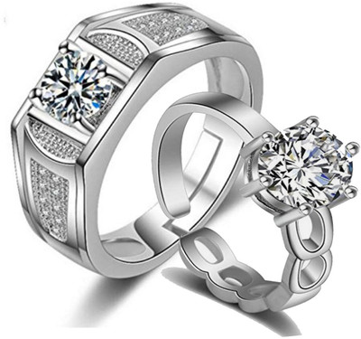 MYKI King & Queen Love Forever Adjustable Silver Couple Rings Stainless Steel Cubic Zirconia Silver Plated Ring Set
