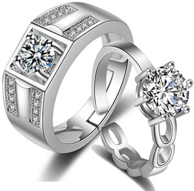 MYKI King & Queen Love Forever Adjustable Silver Couple Rings Stainless Steel Cubic Zirconia Silver Plated Ring Set