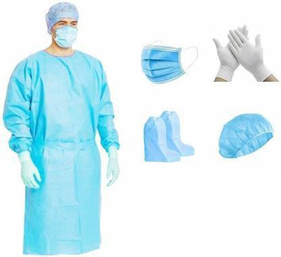 sky enterprise shop Sky- Travelling Kit Gown Head Cap Face Shield Face Mask 3ply With Nose Pin Latex Glove Shoe Cover Safety Jacket (Blue) Size Standard Disposable and Reusable and Washable Gown Kit Set Pack of 1 Set Kit Safety Jacket(Blue)