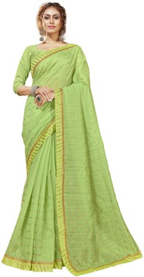 BAPS Checkered Bollywood Cotton Blend, Art Silk Saree(Green)