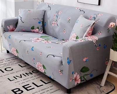 HOUSE OF QUIRK Polyester Floral 3 Seater Sofa Cover(Grey Pack of 1)