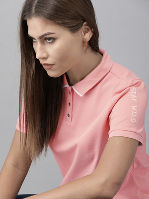 Roadster Solid Women Polo Neck Pink T-Shirt