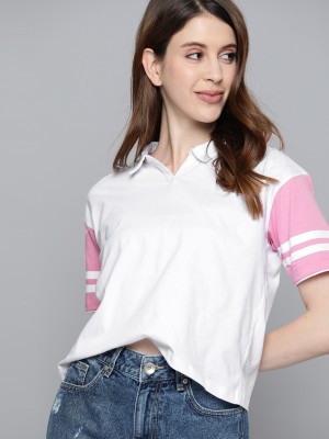 HARVARD Solid Women Polo Neck White T-Shirt