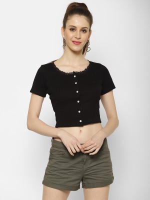 KASSUALLY Casual Short Sleeve Solid Women Black Top