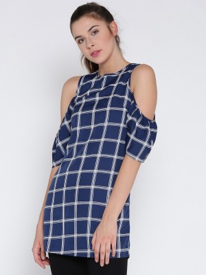 VENI VIDI VICI Casual 3/4 Sleeve Checkered Women Blue Top