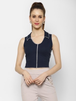 KASSUALLY Casual Sleeveless Solid Women Blue Top