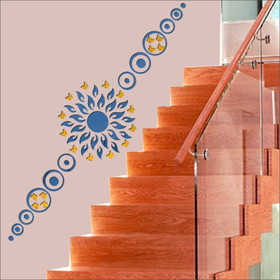 Grahak Trend Sun Flame 20 Ring Dot Blue With 20 Butterfly Golden 3D Acrylic Mirror Wall Sticker Decoration for Kids Room/Living Room/Bedroom/Office/Home Wall Pack of 65(Blue, Golden)