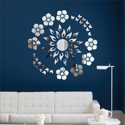 Grahak Trend Sun Flame 8 Flower Silver With 20 Butterfly Golden 3D Acrylic Mirror Wall Sticker Decoration for Kids Room/Living Room/Bedroom/Office/Home Wall Pack of 93(Silver, Golden)