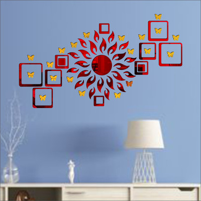 Grahak Trend Sun Flame 12 Square Red With 20 Butterfly Golden 3D Acrylic Mirror Wall Sticker Decoration for Kids Room/Living Room/Bedroom/Office/Home Wall Pack of 57(Red, Golden)