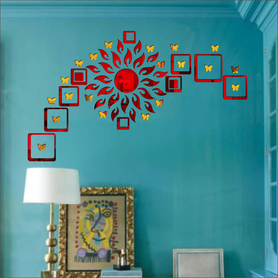 Grahak Trend Sun Flame 12 Square Red With 20 Butterfly Golden 3D Acrylic Mirror Wall Sticker Decoration for Kids Room/Living Room/Bedroom/Office/Home Wall Pack of 57(Red, Golden)