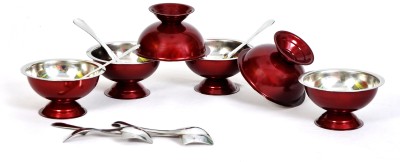 Dynore Stainless Steel Dessert Bowl set of 12 Maroon stainless steel ice cream cup and spoon set- 6 each(Pack of 12, Maroon)