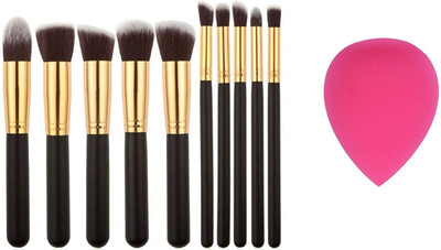 AVEU Makeup Brushes & Sponge Puff -(Set of 11 Pieces Sponge Puff color may vary) (Black)(2 Items in the set)
