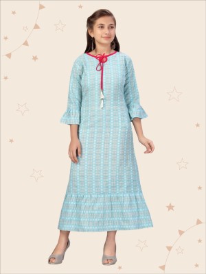 Kidotsav Indi Girls Maxi/Full Length Casual Dress(Light Blue, 3/4 Sleeve)