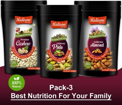 Midiron Premium Dry Fruits Combo Pack California Almond & Pista, Premium Whole Cashew Pack-3 (100gm Each) Cashews, Almonds, Pistachios(3 x 100 g)